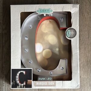 “C” LED Marquee Sign. Red silver metal. Letter C. Lights up glow wall decor